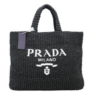 Prada  Embroidered Logo Yarn Crochet Tote Bag Black